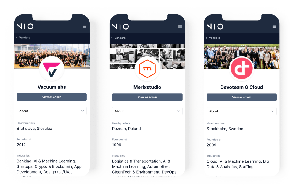 Screens of partner vendors from Nordics Platform